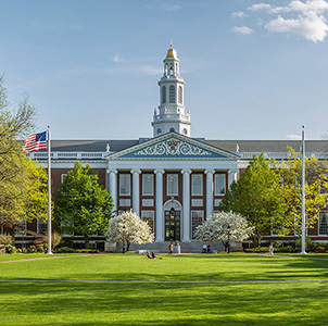 Greenspace and campus buildings at Harvard University.